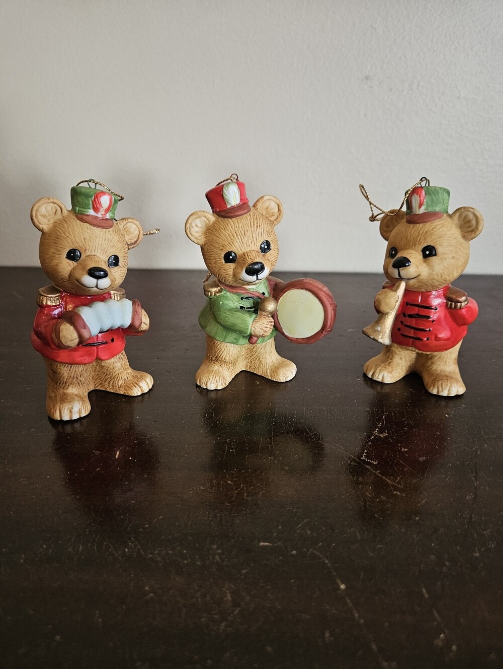 Vintage HOMCO 5533 Christmas Teddy Bear Band Ornaments Set of 3 Porcelain
